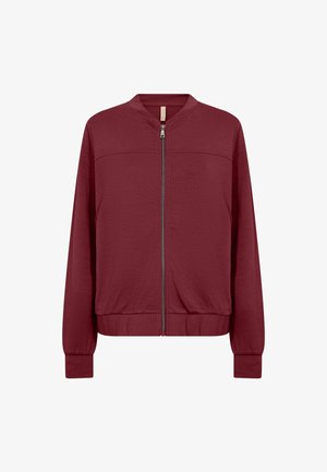 Vinsvart långärmad bomberjacka med frontdragkedja, ribbat krage, muddar och midja, enkel design, presenterad på vit bakgrund.