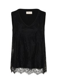 Haut noir en dentelle sans manches avec col en V et ourlet festonné, étiqueté avec le nom de la marque Cream à l'intérieur du col.