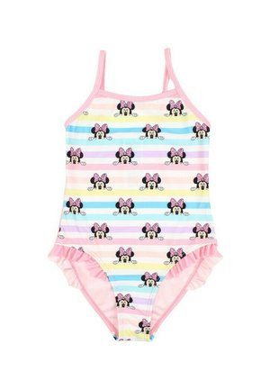 Maillot de bain une pièce avec de fines bretelles roses, présentant un motif rayé dans des couleurs pastel. Décoré de motifs répétés de Minnie Mouse et de bords froncés.