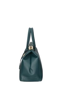 Bolso de mano de cuero color azul verdoso con forma estructurada, doble asa y un cierre de hardware en tono dorado. Exterior texturizado con un acabado suave.