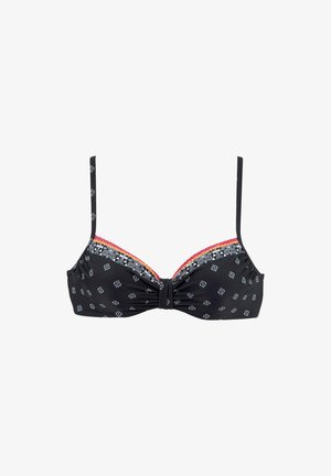 Black bra with floral patterns, textured underwire, and multicolored trim. Features adjustable straps and a twist front detail.