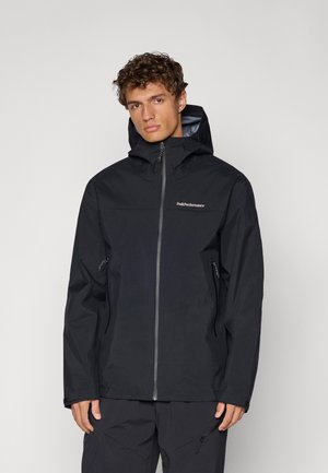 Black waterproof jacket with a zip front, adjustable hood, and two zippered side pockets. Features a logo on the chest and a smooth texture.