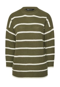 Khakigrüner Strickpullover mit breiten weißen Streifen, Rundhalsauschnitt und Dreiviertelärmeln. Strukturiertes Garn mit gerippten Bündchen und Saum.