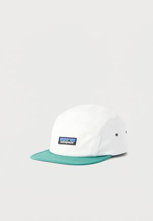 White five-panel cap with teal brim and Patagonia logo patch on the front, shown against a plain light background.