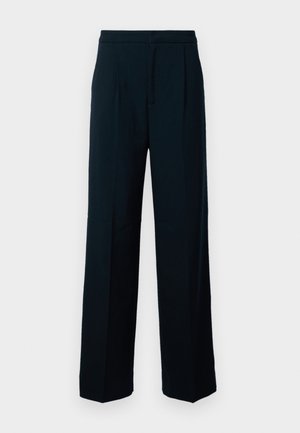 Black wide-leg trousers made of smooth fabric, featuring a high waist, front pleats, and a clean, minimal design.