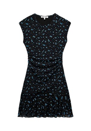 Sort blomsterkjole med korte ærmer, der har blå blomstermønstre, sammensamlet side detalje og en flagrende nederste kant.