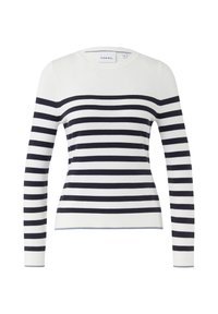 Poziomo pasiaste sweter w kolorach białym i granatowym, wykonany z miękkiej dzianiny. Posiada okrągły dekolt oraz długie rękawy z ribbowymi mankietami.