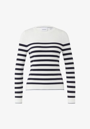 Horizontal striped sweater in white and navy, made of a soft knit fabric. Features a round neckline and long sleeves with ribbed cuffs.