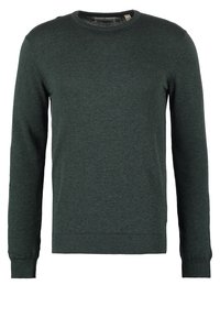 Ciemnozielony sweter z długim rękawem i okrągłym dekoltem, z prążkowanymi mankietami i dolnym obszyciem, zaprezentowany na białym tle.