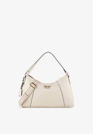 Beige Liu Jo Milano handbag with a short handle and an adjustable shoulder strap, featuring gold-tone hardware and logo detailing.