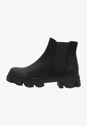 Bottine en cuir noir avec panneau élastique latéral et semelle crantée épaisse, adaptée pour un style décontracté ou robuste.