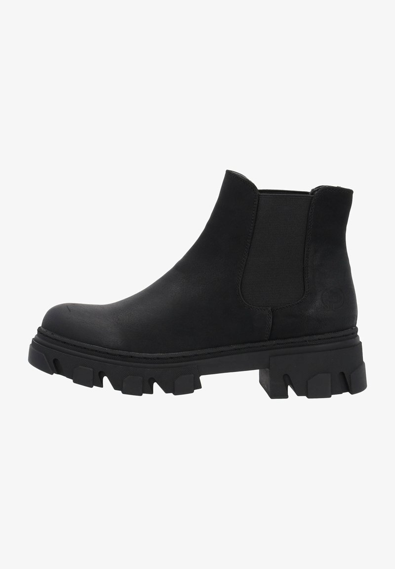 Bottine en cuir noir avec panneau élastique latéral et semelle crantée épaisse, adaptée pour un style décontracté ou robuste.