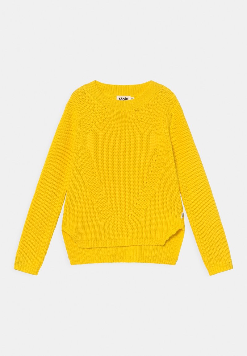 Pull en tricot jaune avec un col rond, des manches longues, des poignets côtelés et un ourlet légèrement court. Présente des motifs texturés sur l'ensemble.