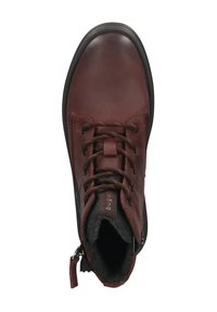 Brown leather ankle boot with dark rubber sole, patterned laces, and a zipper on the side, featuring a soft inner lining.