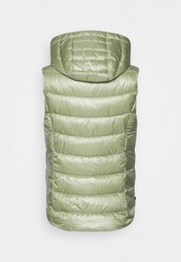 Puffige ärmellose Jacke in Hellgrün. Verfügt über eine abnehmbare Kapuze, gesteppten Textur und einen glatten, glänzenden Stofffinish.