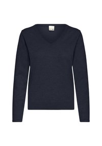 Pull col en V à manches longues bleu marine en tissu tricoté léger. Caractéristiques : poignets et ourlet côtelés, texture lisse et design minimaliste.