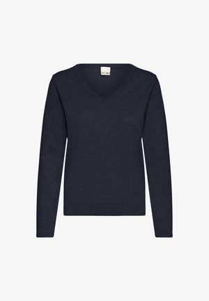 Tengerészkék hosszú ujjú V-nyakú pulóver könnyű kötött anyagból. Bordázott mandzsettákkal és alsó szegéllyel, sima textúrával és minimalista dizájnnal.