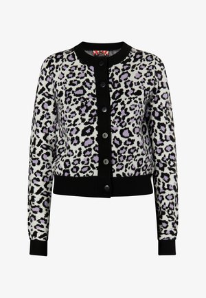 Black and white cardigan with a leopard pattern in purple tones, featuring a rounded neckline, front buttons, and ribbed cuffs and hem.