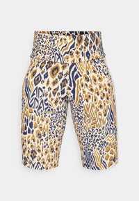 Gul, blå och vit leopardmönstrad shorts med en bred elastisk midjeband och ett mjukt, stretchigt tyg.