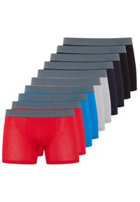 Nine pairs of men's boxers in various colors: red, blue, black, navy, gray, all with gray elastic waistbands featuring embossed text.