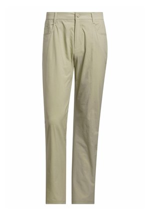 Bėginiai tiesios kojos smėlio spalvos kelnės su priekinėmis sagomis, užtrauktuku ir šoninėmis kišenėmis, pateiktos ant baltos fono.