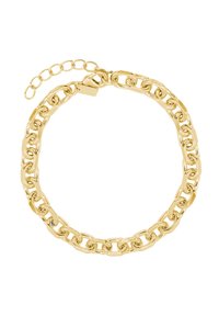 Bracciale in metallo dorato con anelli piatti interconnessi, finitura lucida e un breve gancio regolabile per la misura.