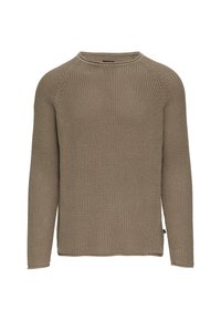 Pull en tricot marron clair avec manches longues, tissu texturé, col rond et finitions côtelées aux poignets et à l'ourlet. Aucune motif ni embellissement visible.