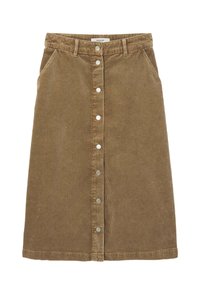 Jupe en velours côtelé marron au design droit, avec une fermeture à boutons à l'avant, deux poches latérales et une texture à côtes verticales.