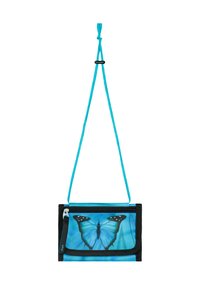 Blue butterfly-patterned pouch with a black trim, featuring a zipper, adjustable strap, and smooth fabric texture.