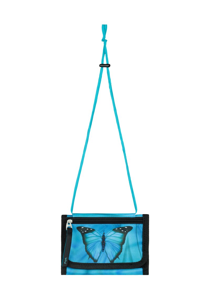 Blue butterfly-patterned pouch with a black trim, featuring a zipper, adjustable strap, and smooth fabric texture.