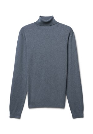 Grauer Rollkragenpullover aus einem weichen, strukturierten Stoff. Verfügt über lange Ärmel und einen figurbetonten Kragen, mit einer glatten, gleichmäßigen Oberfläche.