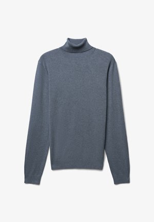 Grauer Rollkragenpullover aus einem weichen, strukturierten Stoff. Verfügt über lange Ärmel und einen figurbetonten Kragen, mit einer glatten, gleichmäßigen Oberfläche.