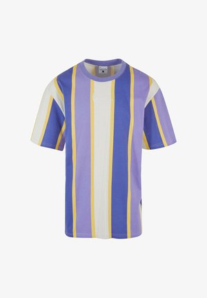 Majica s kratkim rukavima od pamuka s vertikalnim prugama u ljubičastoj, bijeloj i žutoj boji. Sadrži suptilan logo na prsima.