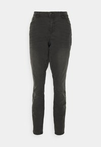 Mörkgrå denimjeans med slim fit, hög midja, fem fickor och klassisk knappstängning. Lätt urtvättad textur.