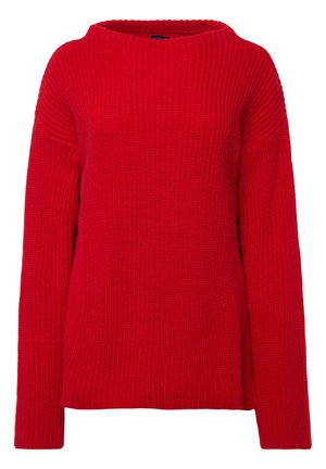 Punainen neulepaita, jossa on leveä kaula-aukko, pitkät hihat ja rento istuvuus. Kankaassa on koko ajan teksturoitu kuvio.