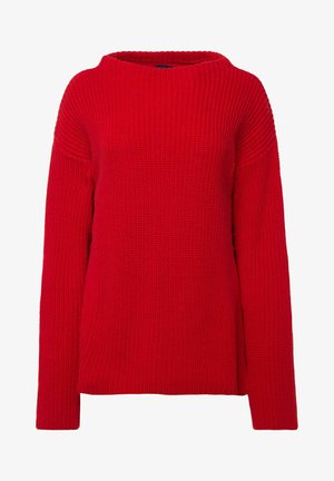 Punainen neulepaita, jossa on leveä kaula-aukko, pitkät hihat ja rento istuvuus. Kankaassa on koko ajan teksturoitu kuvio.