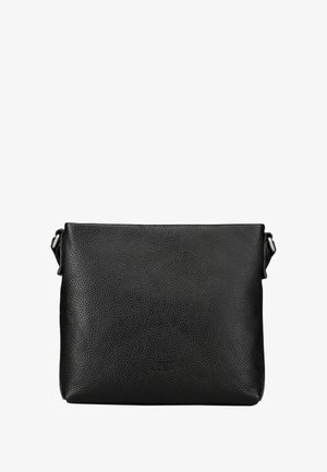 Sac en cuir noir à bandoulière avec surface texturée, forme rectangulaire, sangle réglable et logo embouti à l'avant.