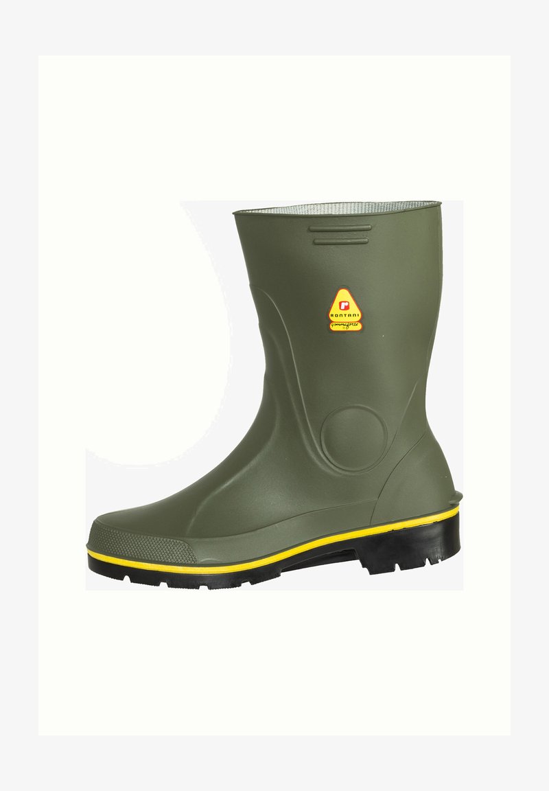 Grüne Gummiregenstiefel mit strukturierter Oberfläche, schwarzem Sohle und gelber Akzentlinie. Verfügt über eine abgerundete Zehe und ein Logodetail an der Seite.