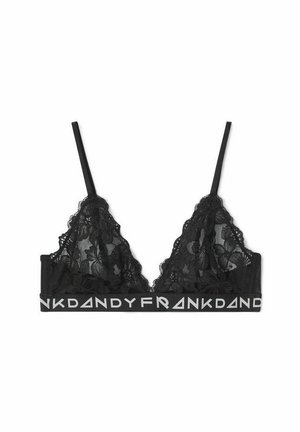 Mustat pitsiset bralette, jossa on kukkakuosi, säädettävät olkaimet ja leveä musta vyö, jossa on valkoista "FRANKDANDY" -brändäystä.