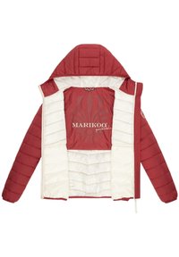 Red puffer jacket with a detachable hood, featuring quilted design, a white interior lining, and a prominent logo on the inner fabric.