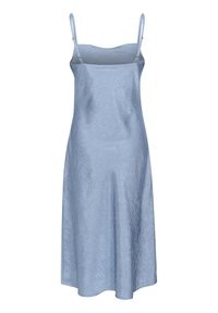 Rochie slip de culoare albastru deschis, cu bretele subțiri, realizată dintr-un material texturat lucios, având un corset ajustat și o fustă fluida în linie A.