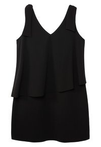 Musta hihaton mekko V-päällä, jossa on kaksi kerroksista paneelia. Valmistettu kevyestä kankaasta, sileä pinta ja minimalistinen muotoilu.