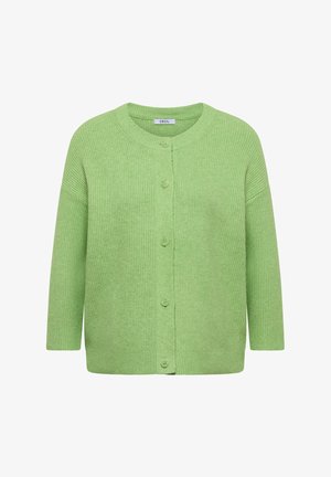 Light green cardigan made of ribbed knit fabric, featuring a round neck and six buttons down the front, with three-quarter length sleeves.