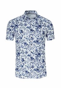 Kurzarmhemd in Hellblau mit einem Blumen- und Blattmuster in Dunkelblau. Hat eine Knopfleiste und einen klassischen Kragen.