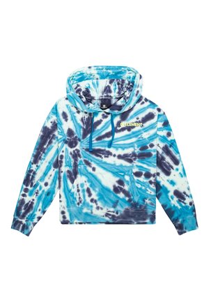 Blauw-zwart tie-dye hoodie met voorzak, capuchon met trekkoord en klein geel "ELEMENT"-logo op de borst.