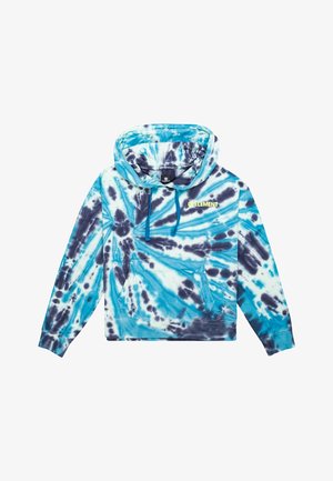 Sweat à capuche tie-dye bleu et noir avec poche avant, capuche à cordon de serrage et petit logo jaune "ELEMENT" sur la poitrine.