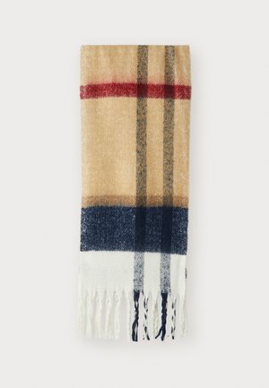 Folded beige scarf with red, brown, navy, and white horizontal stripes and vertical lines, featuring fringed ends on a white background.