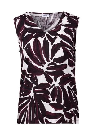 Ärmelloses Oberteil in Weiß mit einem auffälligen, dunkelburgunderfarbenen Blattmuster. V-Ausschnitt-Design mit weichem, strukturiertem Stoff. Lässige Passform. Markenlabel: CECIL.