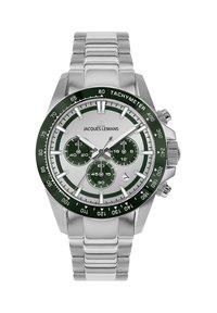 Silberner Edelstahl-Uhren mit bezogenem grünen Tachymeter, weißem Zifferblatt, drei Teilzifferblättern und kräftigen schwarzen Stundenmarkierungen. Verstellbares Gliederarmband.