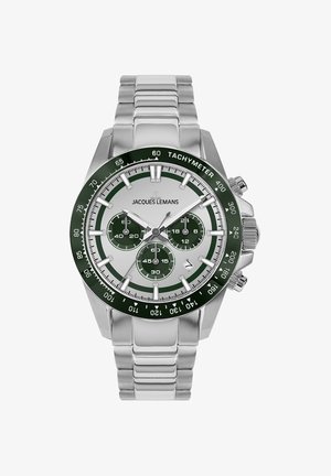 Silberner Edelstahl-Uhren mit bezogenem grünen Tachymeter, weißem Zifferblatt, drei Teilzifferblättern und kräftigen schwarzen Stundenmarkierungen. Verstellbares Gliederarmband.